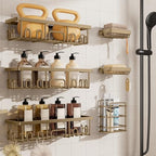 Veken Shower Caddy 6-Pack, No Drilling & Rustproof, Waterproof Adhesive Shelves Rack with Soap Holder, Large Capacity Bathroom Organizers and Storage, Wall-Mounted Kitchen & Home Decor, Matte Gold by Veken