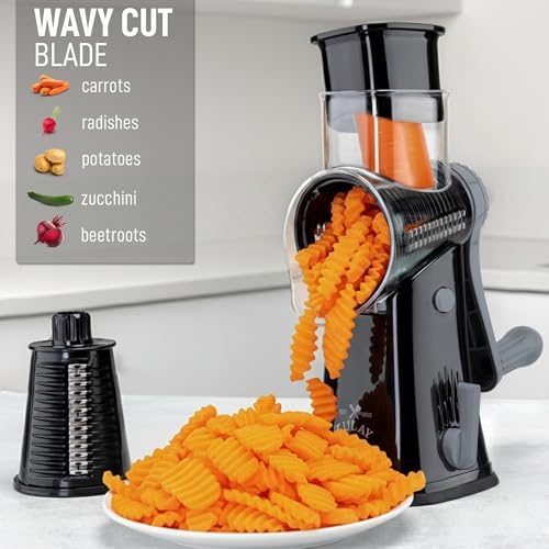 Zulay Kitchen Rotary Cheese Grater 5 Blade Cheese Shredder - Manual Hand Crank Cheese Grater With Reinforced Suction & 5 Interchangeable Drums - Easy to Use, Vegetable Chopper Round Mandoline Slicer - Image 4