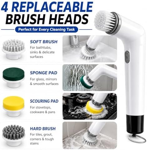 Electric Spin Scrubber Cordless Cleaning Brush, USB Rechargeable Power Scrubber for Bathroom, Kitchen, Tile, Grout, Sink & Shower Cleaning, 4 Replaceable Brush Heads, Portable Handheld Cleaning Tool - Image 3
