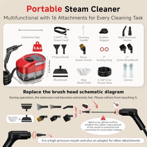 Steam Cleaner, 54oz Steamer for Cleaning, 16-Pcs Set for Home, Car - Image 3
