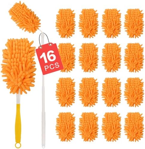 16Pcs Reusable Duster Refill Compatible with Swiffer Hand Duster +3FT Extended Handle +1 Handle, 360 Heavy Duty Duster Refills for Cleaning, Office, Ceiling Fan by Unknown