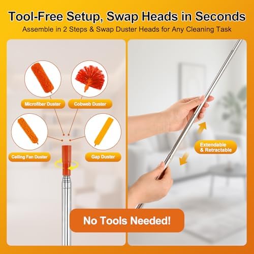 Tiumso 5-in-1 Duster with Extension Pole 100” Extendable Dusters for Cleaning Reusable Anti-Spin Dusting Kits for High Ceiling Fans, Cobwebs & Vents, Reinforced Stainless Steel Telescopic Handle - Image 6