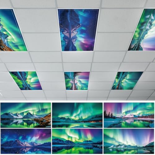6 Pack Fluorescent Light Covers with 60 Magnets Decorative for Classroom Ceiling Lights 4 x 2 Feet Magnetic Light Covers Filter Easy Install for Office Home Hospitals Drop Ceiling Supply (Blue Aurora) by Wiooffen