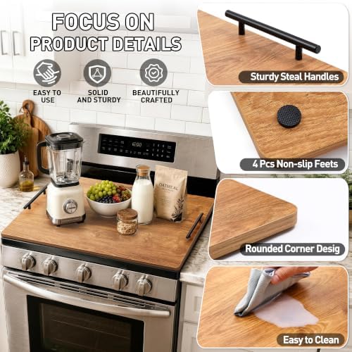 Noodle Board Stove Cover with Handles, Stove Top Covers for Gas Burners and Electric Stove, Wood Stove Cover Board Decorative Serving Tray Kitchen Sink Cover for Counter Space (Brown) - Image 3