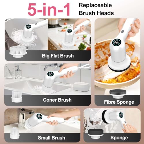 Electric Spin Scrubber, 44 in-lbs High Torque Shower Scrubber & LED Display, 6 in 1, Variable Speed Cordless Shower Cleaner Brush for Cleaning Bathroom, Kitchen, Toilet, Bathtub, Car - Image 5