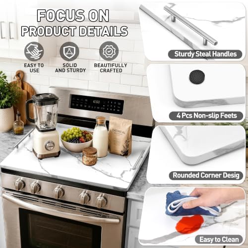 Noodle Board Stove Cover with Handles, Stove Top Covers for Gas Burners and Electric Stove, Wood Stove Cover Board Decorative Serving Tray Kitchen Sink Cover for Counter Space (White Marble) - Image 3