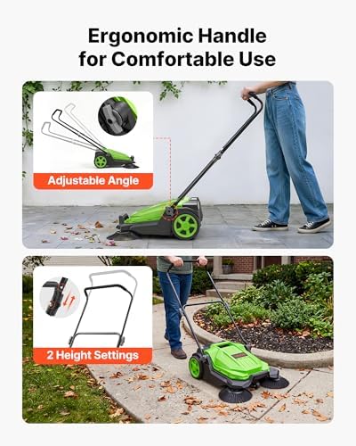 VEVOR Walk-Behind Hand Push Floor Sweeper, Manual Floor Sweeper Non-Electric with 25.6" Sweeping Width, 5 Gallons Waste Container & Adjustable Folding Handle for Yards Walkways Patios Garages - Green - Image 6