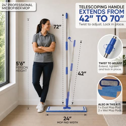 Microfiber Wholesale 24" Professional Microfiber Flat Mop – Wet, Dry & Dust for Hardwood, Vinyl Plank, Laminate & Tile – Commercial Flat Mop System, 64" Stainless Handle, 3 Reusable Pads - Image 2