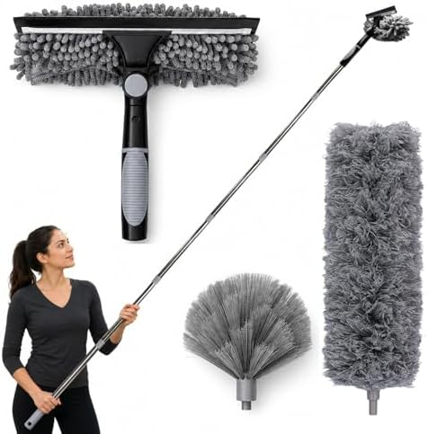 3-in-1 Feather dusters for Cleaning, Cobweb Duster with Extension Pole up to 13.8 ft, Reusable Long Duster with Window Squeegee for Cleaning high Ceilings, Spider Web, Fan by Unknown