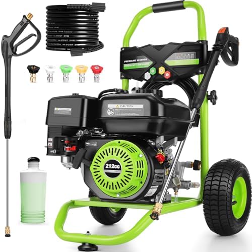 Professional 4200PSI 4GPM 212CC Gas Pressure Washer, 25FT Hose Reel 9" Wheel 1L Foam Bottle 5 Nozzles 7HP Heavy-Duty 3600RPM Commercial Gas Power Washer for Cleaning (EPA/CARB/ETL Compliant), Green by IvyBess