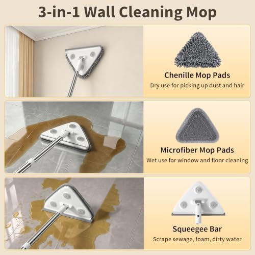 Wall Cleaner Mop with Long Handle, Baseboard Cleaner Tool with Extension Pole & Squeegee, 3-in-1 Ceiling Cleaning Tool Duster with 3 Microfiber and 3 Chenille Pads for Washing Window, Floor, Cabinet - Image 2