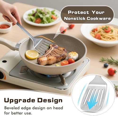 9 Pcs Cooking Utensils Set, Stainless Steel Kitchen Utensils, Heat Resistant Metal Kitchen Tools Include Solid & Slotted Turner Wok Spatula, Serving Spoon, Ladle, Pasta Server, Meat Fork, Tongs Silver - Image 4