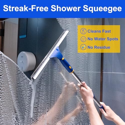 14" Window Cleaning Tool, All-Purpose Extendable Window Squeegee with 2 Blades and Stainless Steel Pole, Shower Squeegee for Glass Doors,Shower Doors, Windows, Bathroom and Car Windshields - Image 5