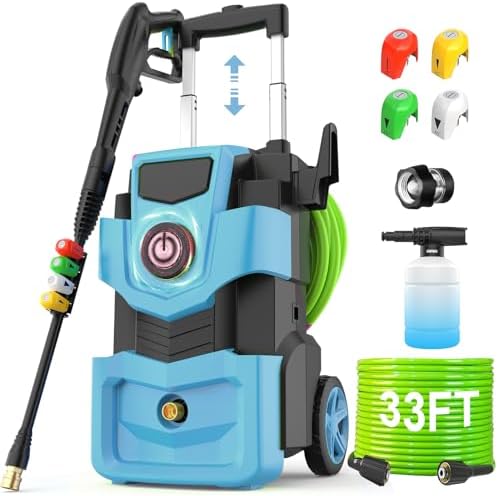 Adjustable Electric Pressure Washer 5000PSI with 33FT Flexible Hose, 4 Nozzles, Foam Cannon, Best Power Washer for Cars, Patios, Driveways, Blue by ImdotDirect