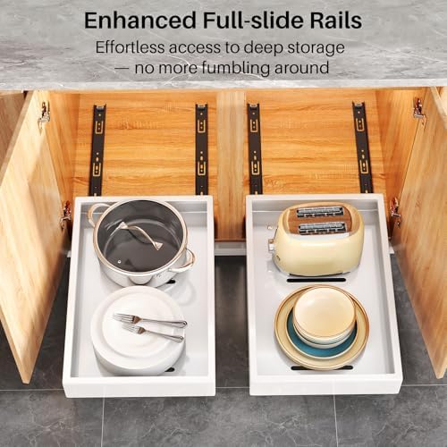 2Pack Pull out Cabinet Organizer, 21"Deep, Heavy Duty Full-extension Slide out Drawers for Kitchen Cabinet, Roll out Shelf Storage with Nano Adhesive for Pots,12"W x 21"D x 3.1"H, White - Image 4