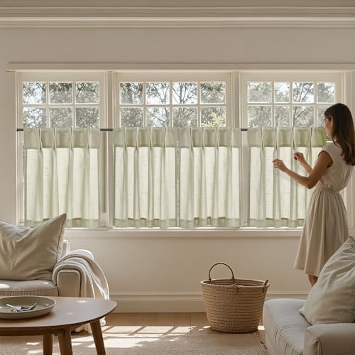 jinchan Linen Pinch Pleated Back Tab Tier Curtains, 26x30, Beige - Image 7