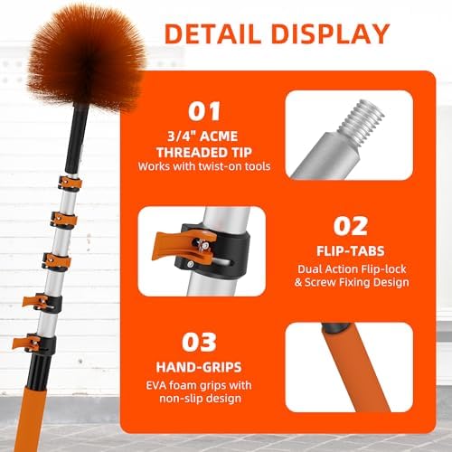 30 FT Reach Cobweb Duster with 5-24 FT Telescoping Pole, Dual Action Flip-Lock & Screw Fixing Design, Washable Reusable Duster for High Ceilings, Fans & Home Cleaning - Image 5
