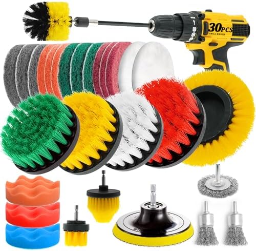 30 Piece Drill Brush Attachments Set, Scrub Pads & Sponge & Wire Brush for Drill, Power Scrubber Brush with Extend Long Attachment, Drill Scrubber Brush Kit for Bathroom, Floor, Car, Grout by ETOUPA