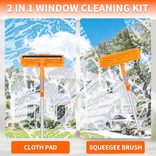 109" Window Cleaning Squeegee Kit, Professional 2 in 1 Squeegee Window Cleaner with Extension Pole, Window Washing Kit with 2 Blade 2 Pads for Indoor & Outdoor High Windows Car Glass - Image 2