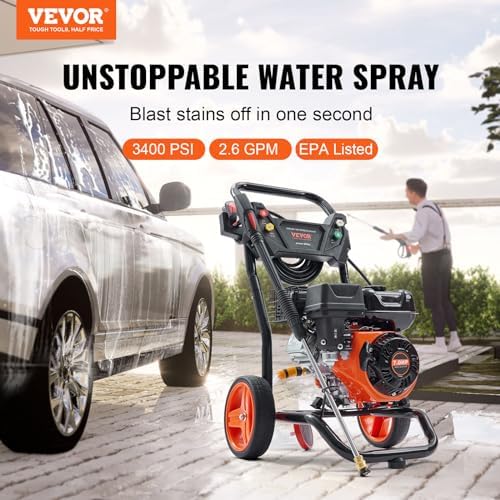 VEVOR Gas Powered Pressure Washer 3400 PSI 2.6 GPM, with Spray Gun and Extension Wand, 5 Quick Connect Nozzles, Copper Pump - Image 2
