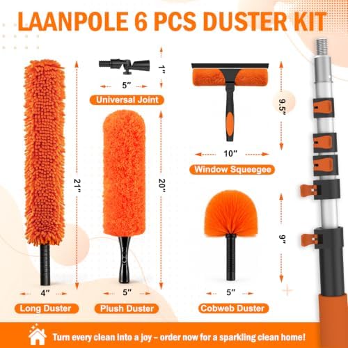 LAANPOLE 30FT High Reach Duster Cleaning Kit with Extension Pole, High Ceiling Fan Cleaner Duster Tool for Fan Blades, Window Washing Kit with Microfiber Feather Duster & Window Squeegee - Image 3