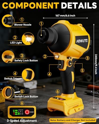 Cordless Compressed Air Duster & Blower Compatible with DeWalt 20V MAX Battery, Brushless Handheld Sawdust Blower, 3-Speed Control, LED Light, Portable Inflatable Pump for Camping (No Battery) - Image 7