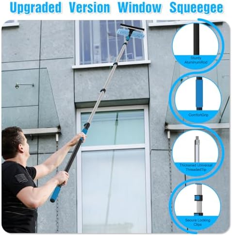 25FT Reach Window Squeegee Kit with Extension Pole, 2-in-1 Professional Washer for High Windows, 5-20FT Adjustable Reach, Rotatable Head for Indoor & Outdoor Use, Streak-Free Cleaning Tool for Home - Image 3