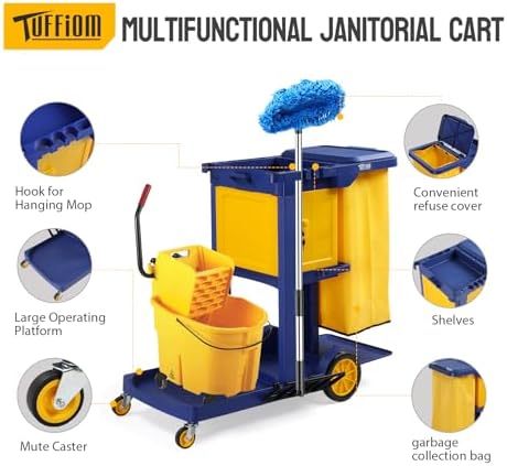 TUFFIOM Multifunctional Janitorial Cart with Key-Locking Cabinet,Cleaning Carts on Wheels,with 15 Gallon Collection Bag,500 lbs Capacity, Yellow&Blue - Image 4