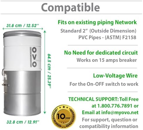 OVO Large and Powerful Central Vacuum System, 700 Airwatts Hybrid Filtration (with or Without Disposable Bags), Covers up to 7500 sq.ft, 6.6 Gal / 25L Bottom Load Rolled Steel Canister - Image 7