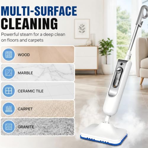 Steam Mop, 2 Level Adjustable Handle, with 4 Accessories,White - Image 6