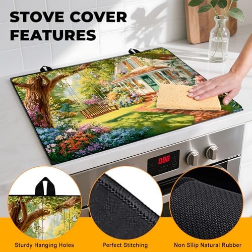Happy Easter Stove Top Cover Flower Eggs Cute Rabbit Gas Stove Top Cover for Home Decoration Kitchen St. Patrick Day Pad Non-Stick Washable Cooktop Covers Countertop Protector (house, 28" x 20") - Image 2