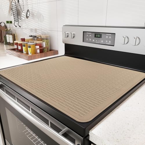 Stove Top Cover for Electric Stove - Food Grade Ceramic Stove top Cover, Silicone XXL Dish Drying Mat, Glass Cooktop Covers, Flat RV Range top Mats (Taupe,28x20) by Abalter