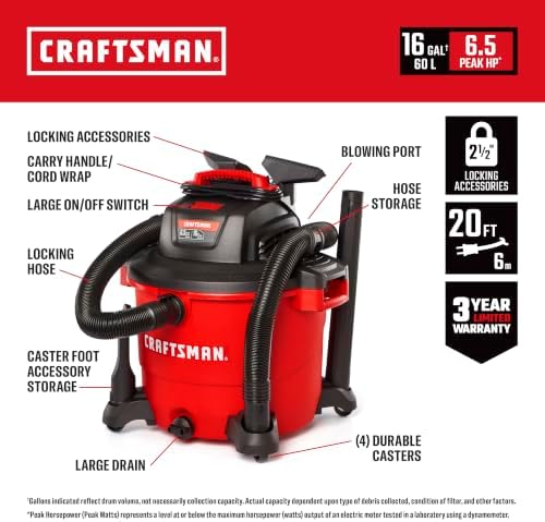 CRAFTSMAN 16 Gal. 6.5 Peak HP and 1.75 Peak HP Powerhead Vacuum Bundle - Image 2
