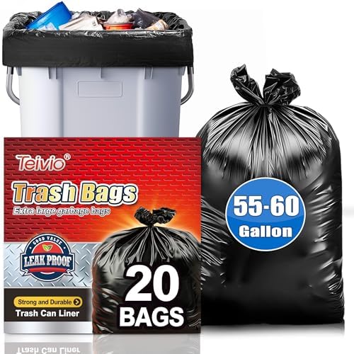 Teivio Large Black Trash Bags 55-60 Gallon 20 Count 50 Gal Garbage Bags by Teivio