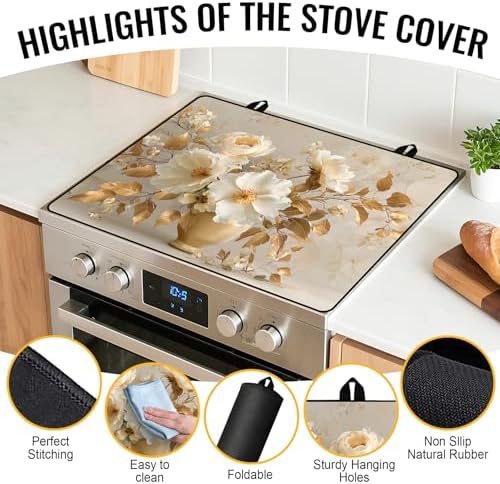 NYZE Gold Leaves & Cream Floral Stove Top Cover for Electric/Glass Stove, Flat Top Cooktop Protector, Electric Cooktop Cover, Extra Counter Space for Kitchen - Image 2