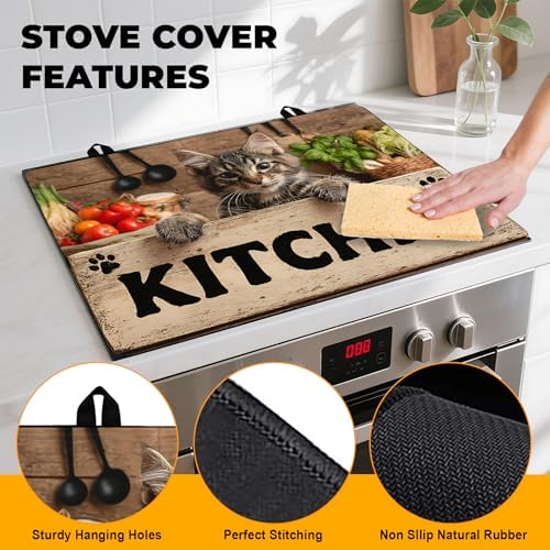 Stove Top Cover Retro Flower Gas Stove Top Cover for Home Decoration Kitchen Pad Non-Stick Washable Cooktop Covers Countertop Protector Keep Stove Clean 28"x20" (Kitchen cat) - Image 2
