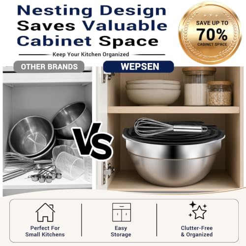 WEPSEN Mixing Bowls Set, 25PCS Stainless Steel Mixing Bowl with Lid Set, Large Nesting Bowls 7, 4.5, 3,2, 1.5QT, Measuring Cups and Spoons Baking Utensils Metal Bowl for Kitchen Prep - Image 2
