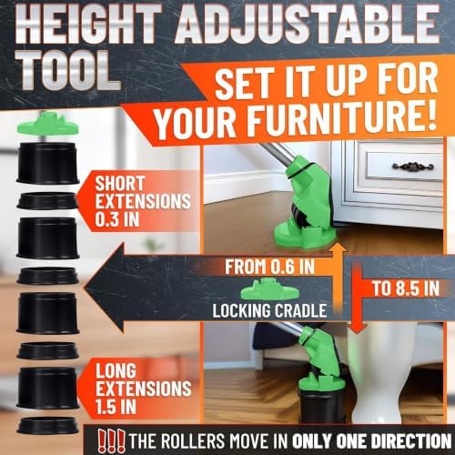 Furniture Lifter Tool with 4 Pcs Appliance Rollers, 660 Lbs, Green - Image 5