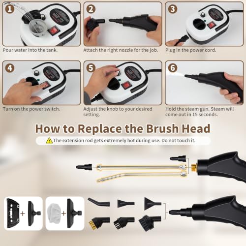 Steam Cleaner Handheld High Pressure, Portable High Power Steam Cleaner, Handheld Steam Cleaner Cleaning Grout With Large Water Tank & 18 Accessories For Car Floor Black - Image 6