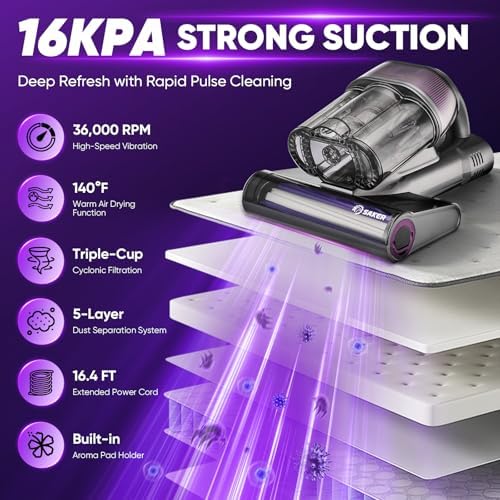 Saker Mattress Vacuum Cleaner, Handheld Bed Vacuum Cleaner with 16KPa Suction UVC Light, 140°F Heated Air, HEPA Filter, Aroma Function, 16.4FT Cord for Cleaning Bed, Sofa, and Couch - Image 2