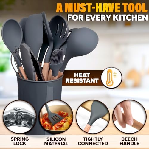 12 Pcs Cooking Kitchen Accessories Set with Holder, Silicone Heads (Gray) - Image 3