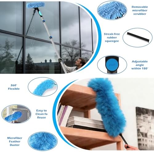 16FT Reach High Ceiling Duster Kits with 3-12FT Adjustable Pole - Includes Extra Long Duster, High Ceiling Duster, Rotatable Window Squeegee & Cobweb Duster for Ceiling Fans and Whole House Cleaning - Image 6
