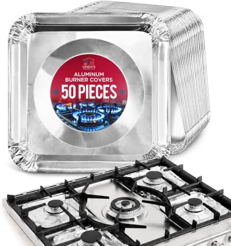 Aluminium Gas Stove Burner Covers (50 Pack) - Disposable Gas Stove Cover Liners, Heat-Resistant Gas Stove Top Covers for Gas Burners and Stove Covers for Gas Stove Top the Perfect Kitchen Accessories by LindasEssentials