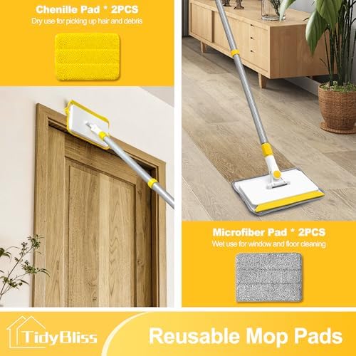 TidyBliss Baseboard Cleaner Tool with Handle, 55.9” Long Wall and Base Board Cleaning Mop, 4 Reusable Pads, 1 Stiff Bristle Scrubber Brush for Floorboard Ceiling Cabinet Window Bathroom (Yellow) - Image 3