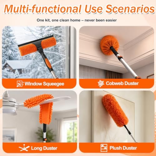 SISUPASSIE 30FT Reach High Ceiling Duster Kit, Window Cleaning kit with 5-24FT Extension Pole, Fan Duster for Ceiling Fan Blades, Microfiber Feather Duster, Rotatable Window Squeegee and Cobweb Duster - Image 4