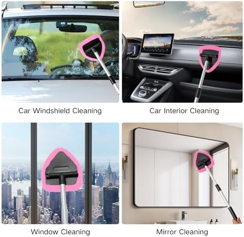 Qydipclin 11pcs Windshield Cleaner Tool, Car Window Cleaning Wash Kit with 6 Reusable Microfiber Pads 2 Spray Bottles and Extendable Handles Auto Glass Wiper Kit, Pink - Image 5