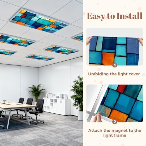 6 Pcs Fluorescent Light Covers for Ceiling Lights Colorful stained glass window Abstract stained glass Art Nouveau Magnetic Decorative Shade Filters 4x2 ft for Classroom Office Hospital Decor - Image 7