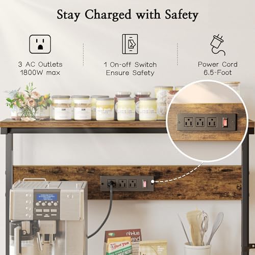 SUPERJARE Bakers Rack with Power Outlets, Microwave Stand, 31.5 X 16.5 Inch Larger Desktop, Kitchen Storage Rack with Adjustable Middle Shelf, 6 S-Shaped Hooks, Coffee Bar Stand, Rustic Brown - Image 3