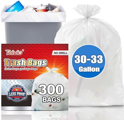 Teivio Large Clear Trash Bags 30-33 Gallon 300 Count 30+ Gal Garbage Bags by Teivio