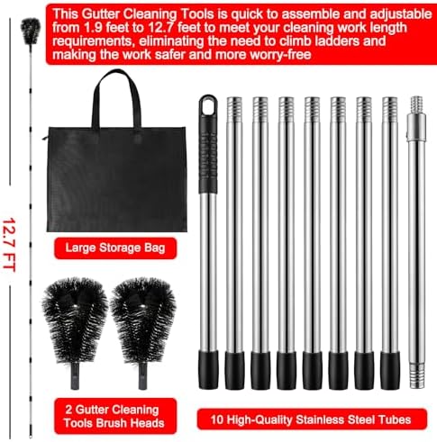 Gutter Cleaning Tools from The Ground - 12.7FT Long Adjustable gutter Cleaner & Brush, No Ladder Needed | Gutter Clean Out Tool Makes it Easy To Clean Leaves, Branches And Debris from Gutters - Image 4